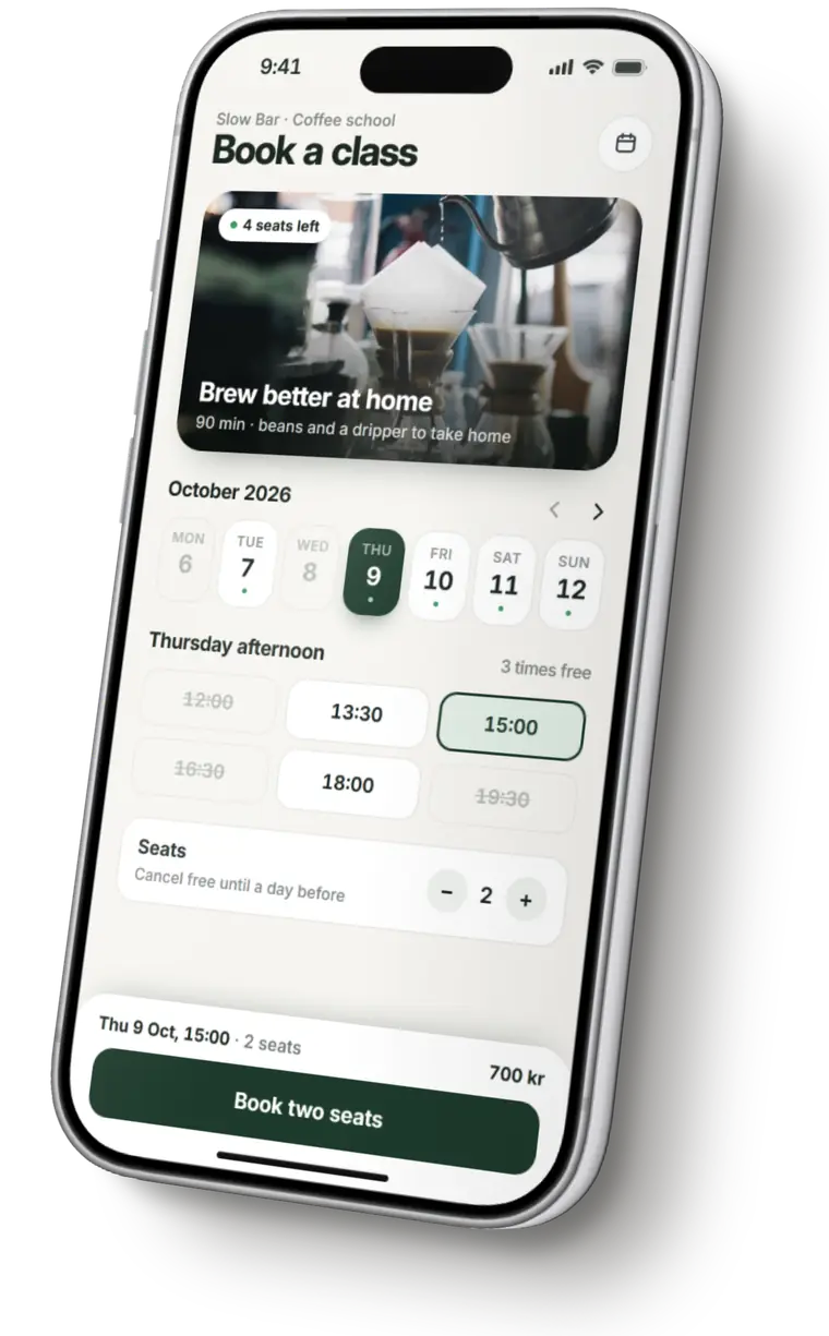 Illustration of a booking app for a coffee class: a day strip, free times and a book button.