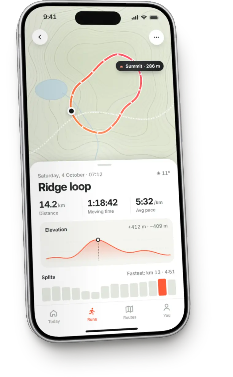 Illustration of a running app: a 14.2 kilometre loop on a topographic map, with pace and elevation.