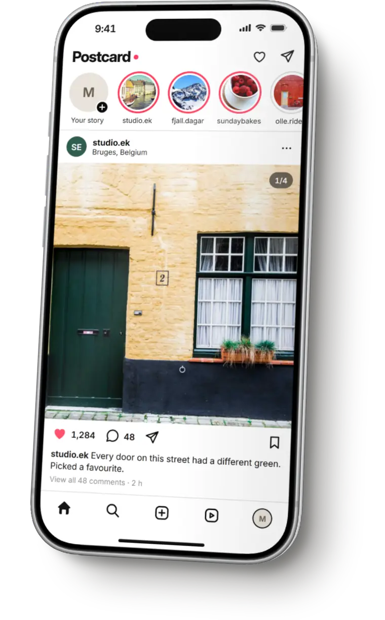 Illustration of a photo-sharing app: a row of stories above a post of a green door on a yellow brick street.
